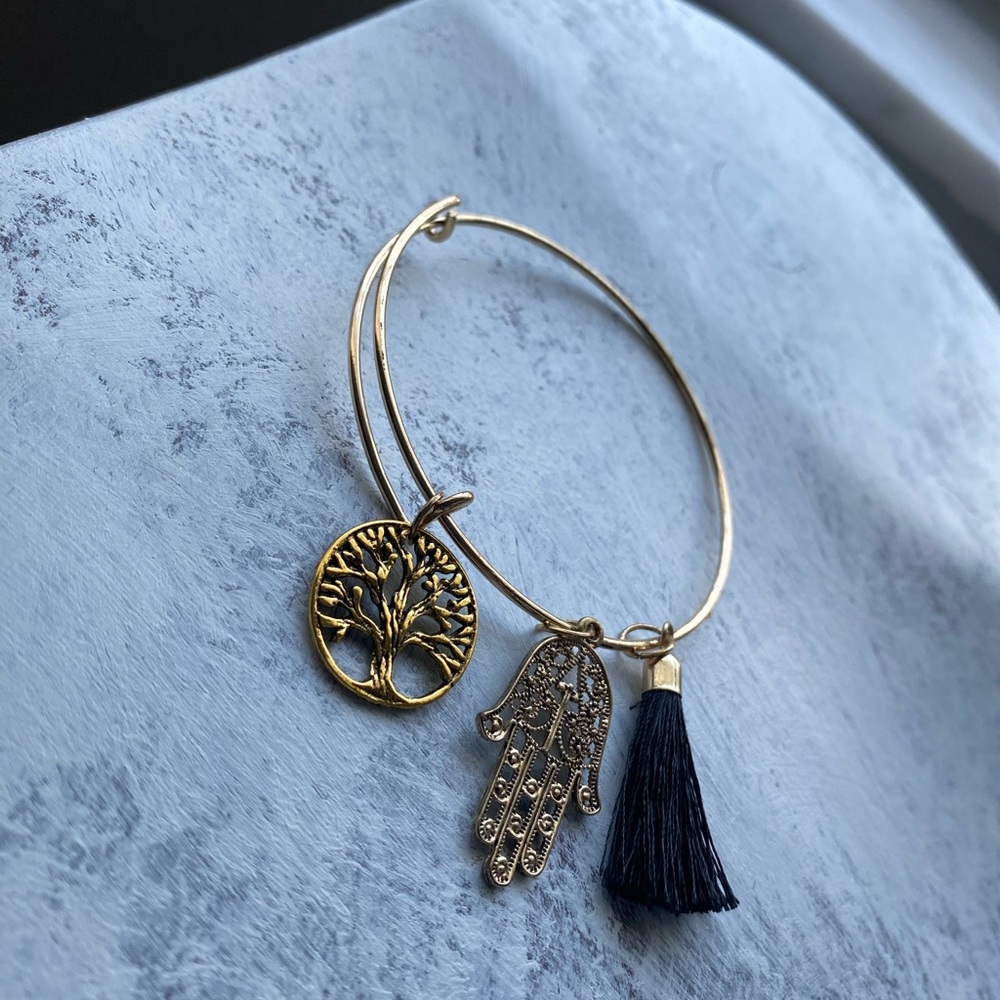 Gold Hamsa Tassel Charm Bangle